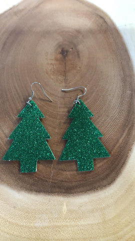 Christmas Vegan Leather Tree Earring - Green Glitter