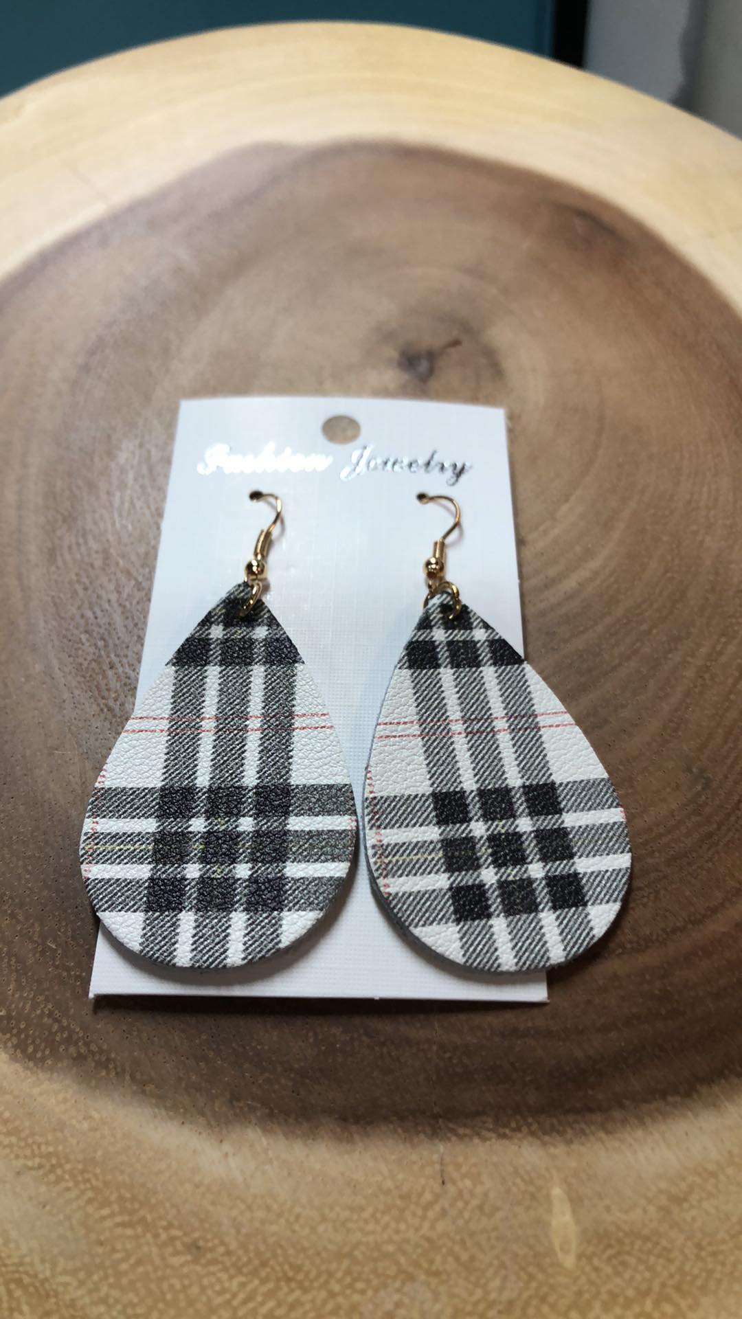 Vegan Leather Tear Drop Earring - Plaid