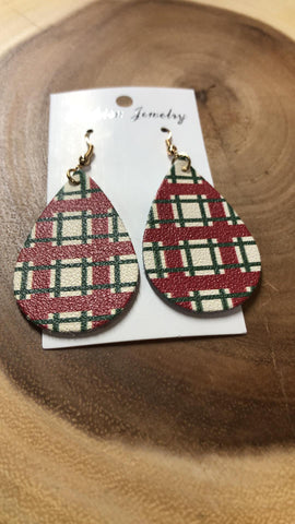 Christmas Vegan Leather Tear Drop Earring - Red Criss Cross with Green Box outline