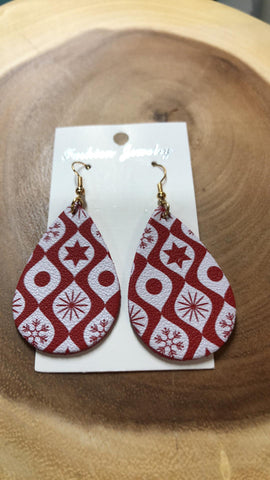 Christmas Vegan Leather Tear Drop Earring - Red Antique Ornament Design