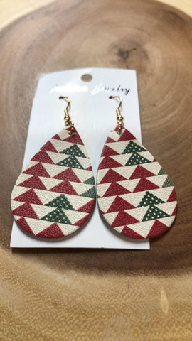 Christmas Vegan Leather Tear Drop Earring - Red and Green Tree Rows