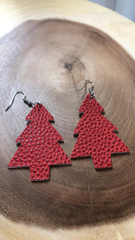 Christmas Vegan Leather Tree Earring - Dk Red Texture