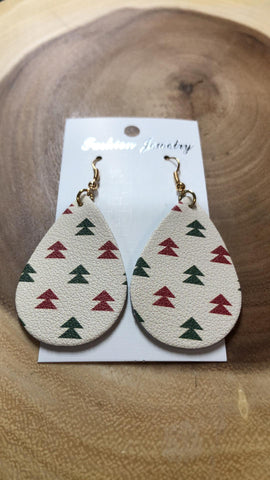 Christmas Vegan Leather Tear Drop Earring - Red and Green Tree's