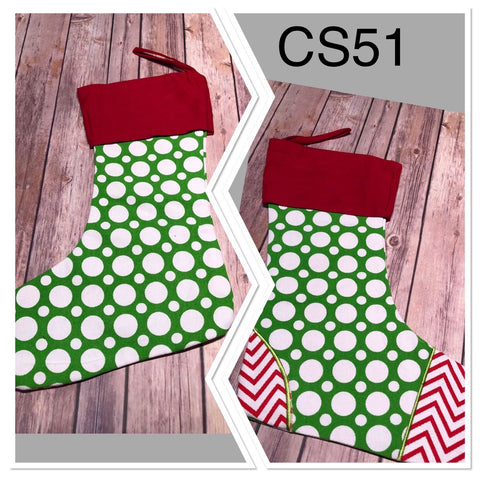 Christmas Stocking - CS51 - Green with Medium and small White Circles, Red Chevron Heal and Toes