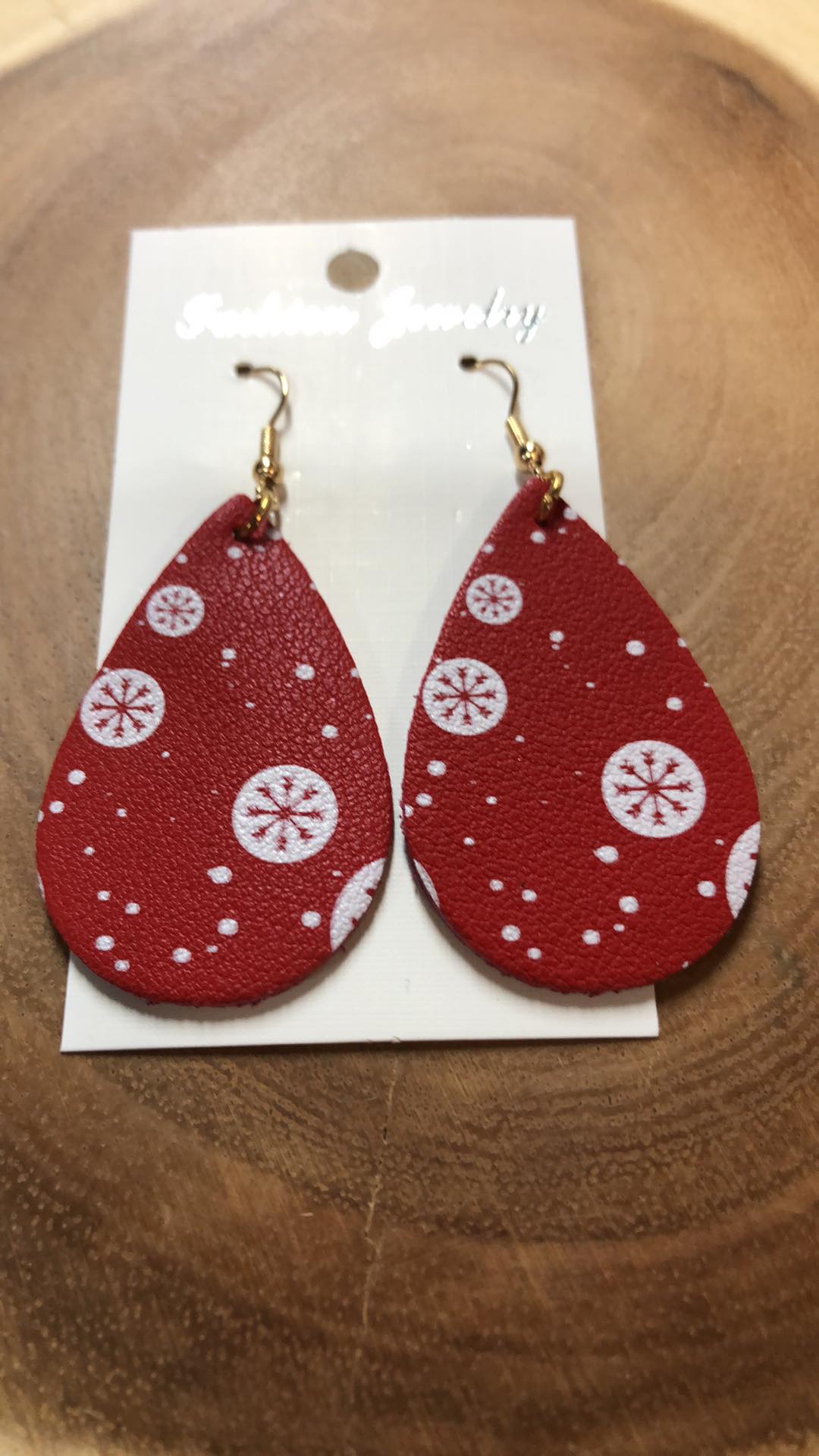 Christmas Vegan Leather Tear Drop Earring - Red with Snowflakes