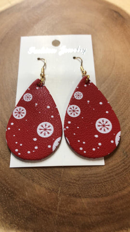 Christmas Vegan Leather Tear Drop Earring - Red with Snowflakes