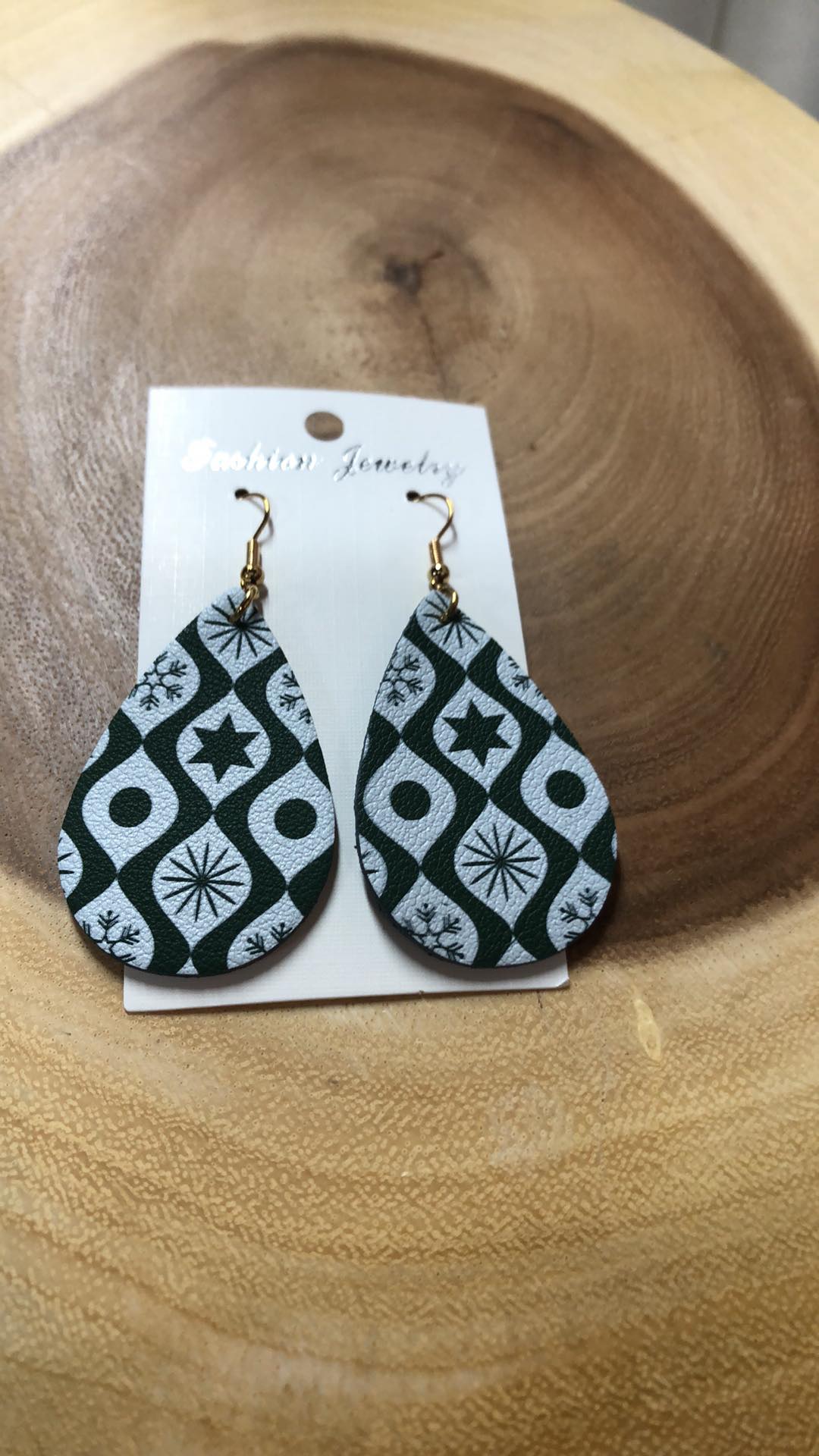 Christmas Vegan Leather Tear Drop Earring - Green Antique Ornament Design