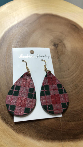 Christmas Vegan Leather Tear Drop Earring - Red and Green Windows