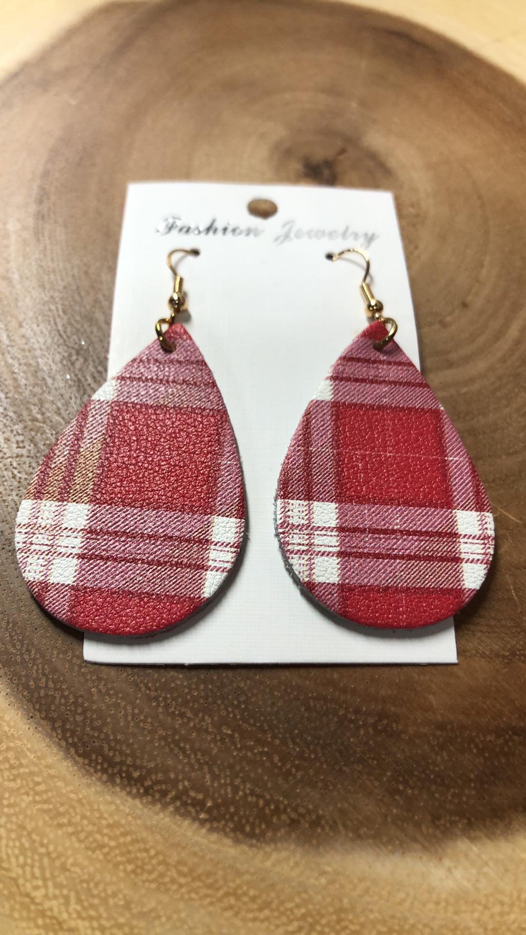 Vegan Leather Tear Drop Earring - Red Plaid