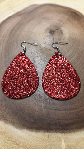 Christmas Vegan Leather Tear Drop Earring - Red Glitter
