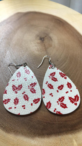 Christmas Vegan Leather Tear Drop Earring - Red Holly