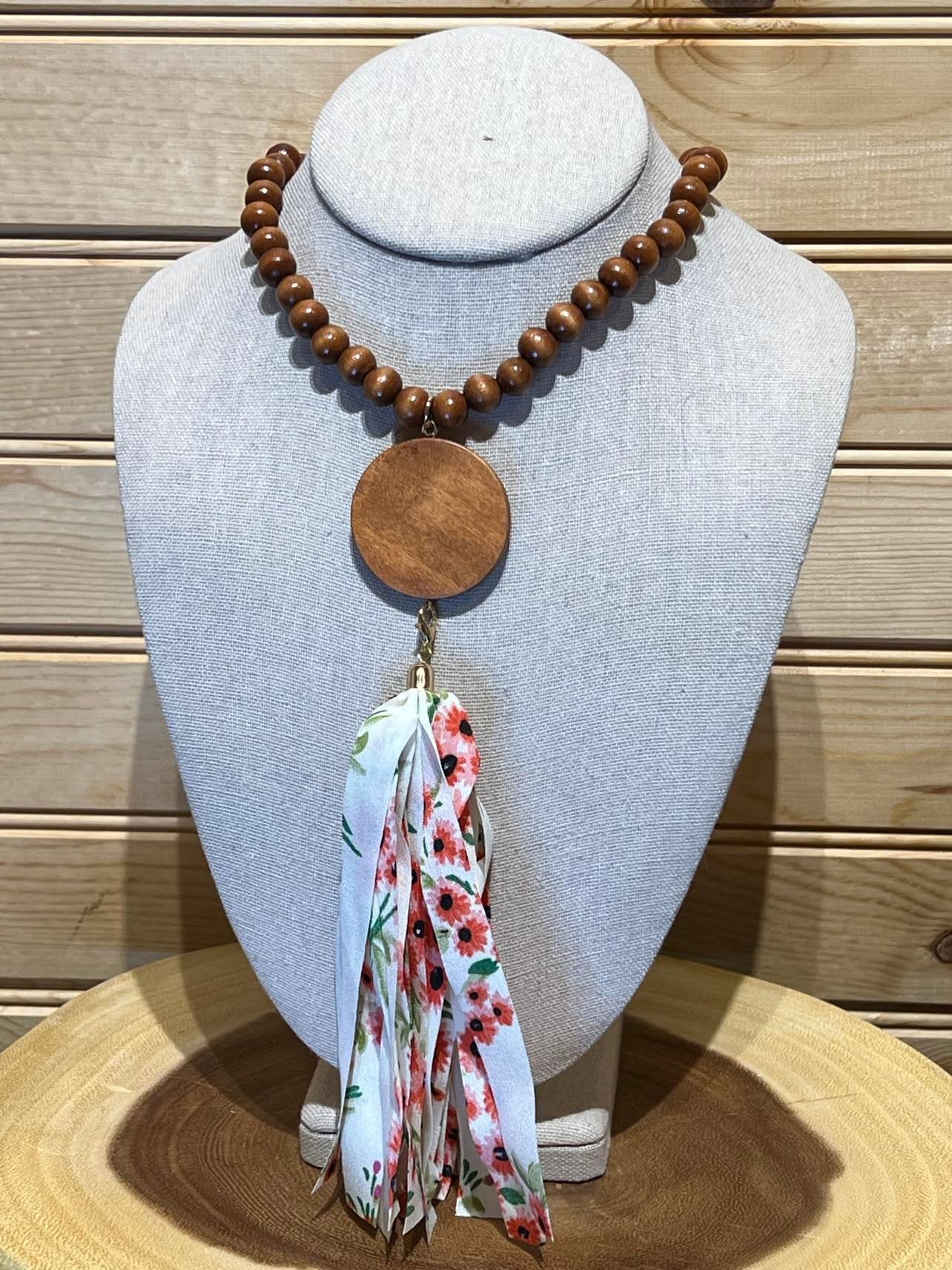 Wood Bead Disc Tassel Necklace with White with Red Flowers - #12