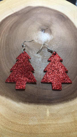 Christmas Vegan Leather Tree Earring - Red Glitter