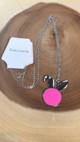Monogram Circle with Bunny Ears Necklace - Hot Pink