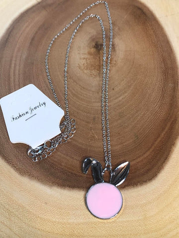 Monogram Circle with Bunny Ears Necklace - Lite Pink