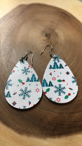 Christmas Vegan Leather Tear Drop Earring - Blue Tree and Snowflakes