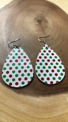Christmas Vegan Leather Tear Drop Earring - Green and Red Polka Dots