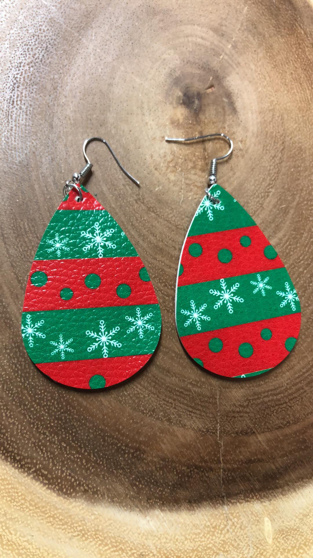 Christmas Vegan Leather Tear Drop Earring - Red and Green with Snowflakes
