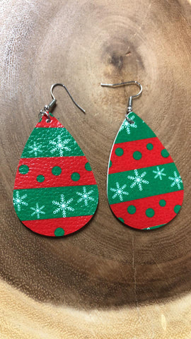 Christmas Vegan Leather Tear Drop Earring - Red and Green with Snowflakes