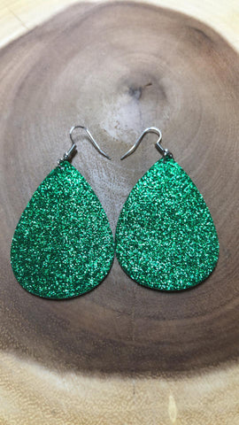 Christmas Vegan Leather Tear Drop Earring - Green Glitter