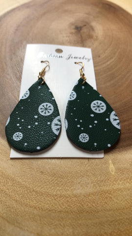Christmas Vegan Leather Tear Drop Earring - Green with Snowflakes