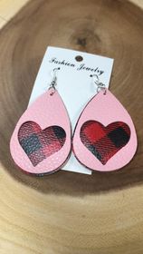 Vegan Leather Tear Drop Earring - Red Buffalo with Pink Top with Heart Cut out.