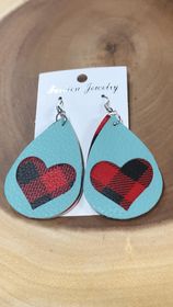 Vegan Leather Tear Drop Earring - Red Buffalo with Spearmint Top with Heart Cut out.