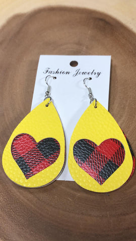 Vegan Leather Tear Drop Earring - Red Buffalo with Yellow Top with Heart Cut out.