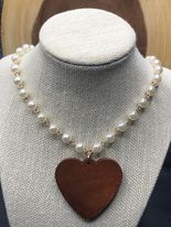 Pearl Necklace with Heart shape Wood Disc