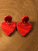 Polymer Clay Heart Earrings - Red Embossed Hearts