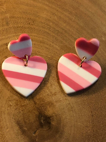 Polymer Clay Heart Earrings -Pale Pink/Pink/Hot Pink Heart Thick Stripe