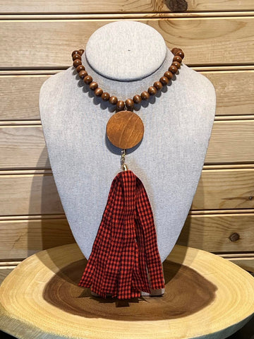 Wood Bead Disc Tassel Necklace with Red Buffalo Tassel - #5
