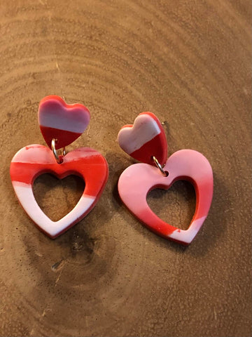 Polymer Clay Heart Earrings - Pink/Hot Pink with Cut out Heart