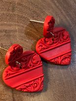 Polymer Clay Heart Earrings - Red Embossed Hearts