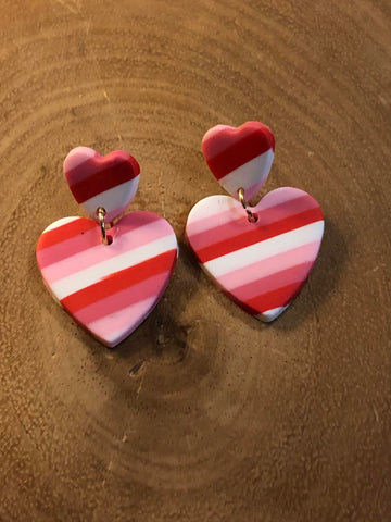 Polymer Clay Heart Earrings -Pale Pink/Pink/Hot Pink/Red Heart Narrow Stripe