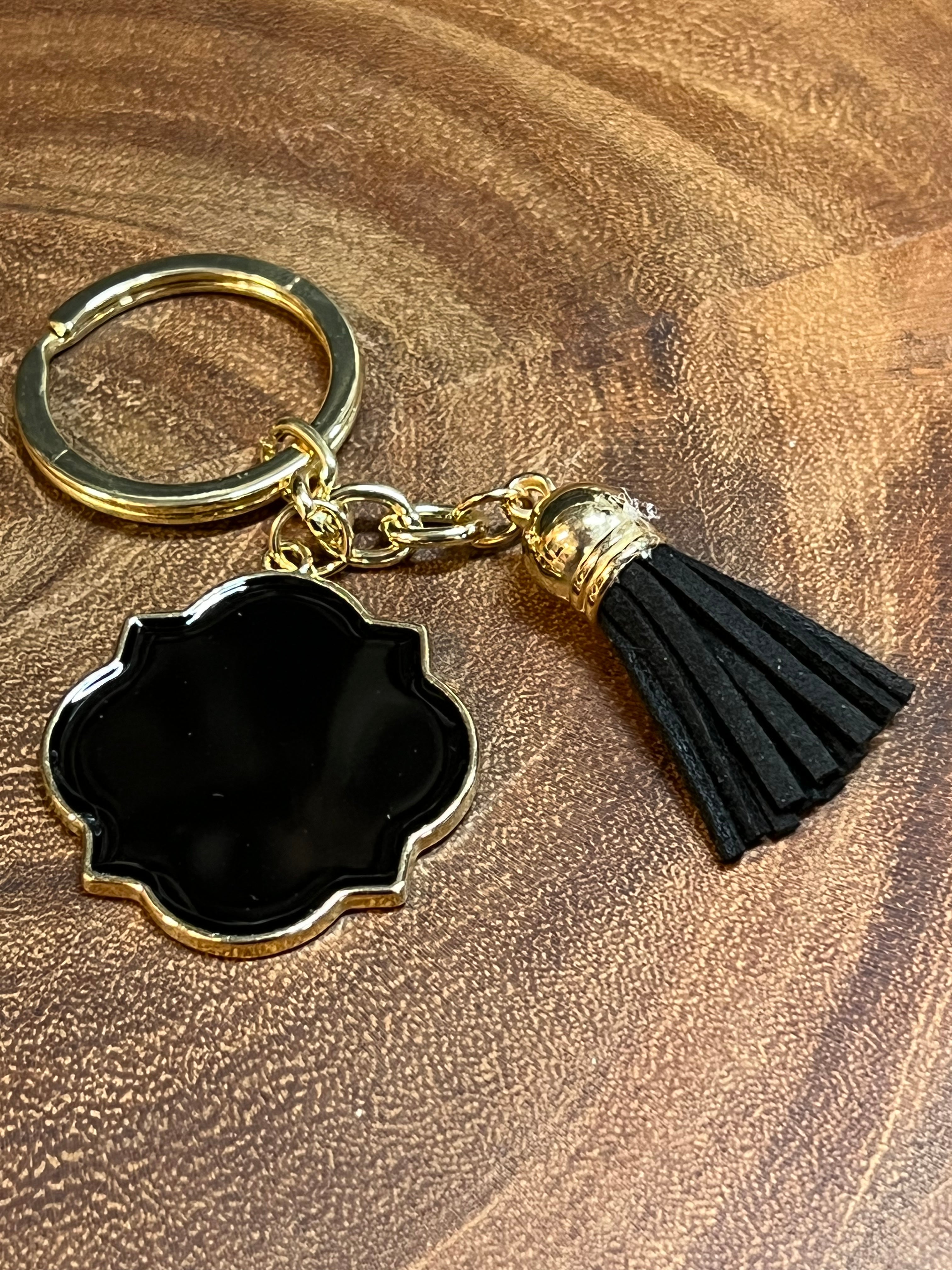 Black Enamel Disc Keyring with Black Tassel