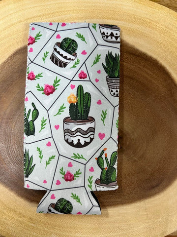 Tall Skinny Can Sleeve - Cactus White with Pink Flowers