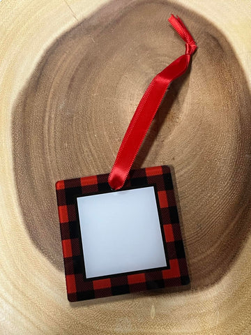 Acrylic Ornament - Red Buffalo with Monogram Square