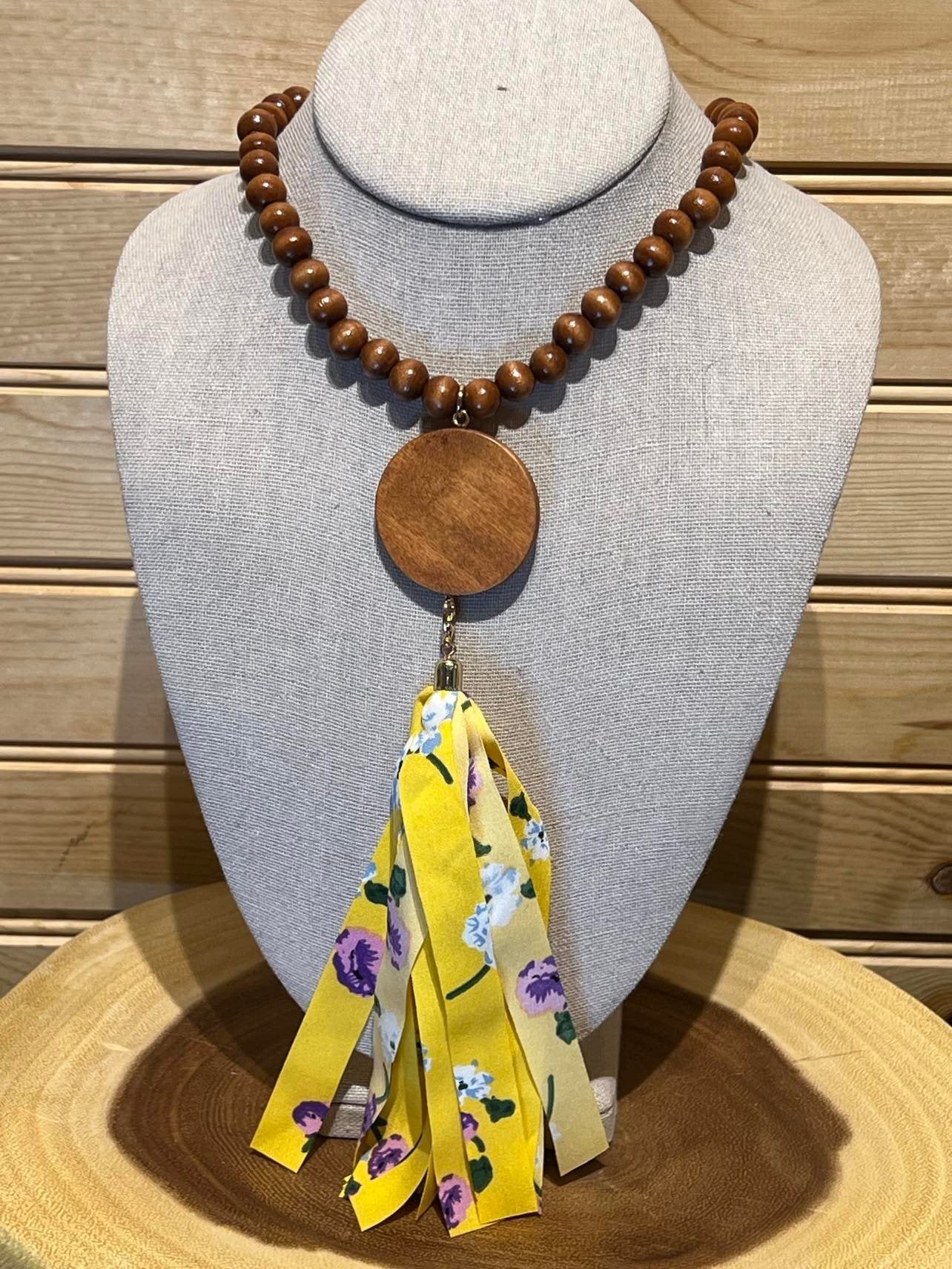 Wood Bead Disc Tassel Necklace with Yellow with Pasiley - #16