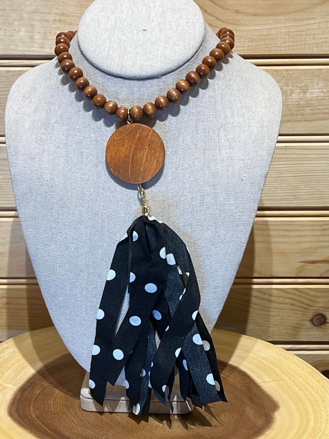Wood Bead Disc Tassel Necklace with Black Polka dot Tassel - #1