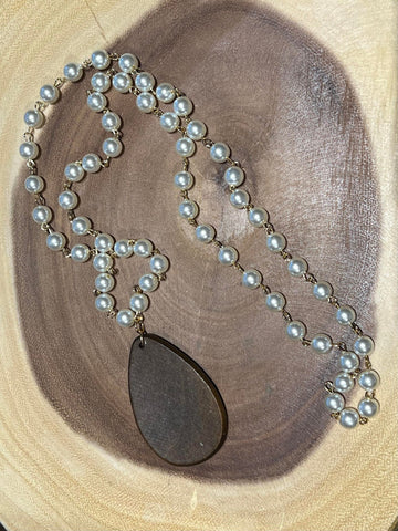 Pearl Necklace with Brown Wood Tear Drop