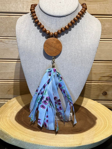 Wood Bead Disc Tassel Necklace with Lt Blue with Flowers - #10