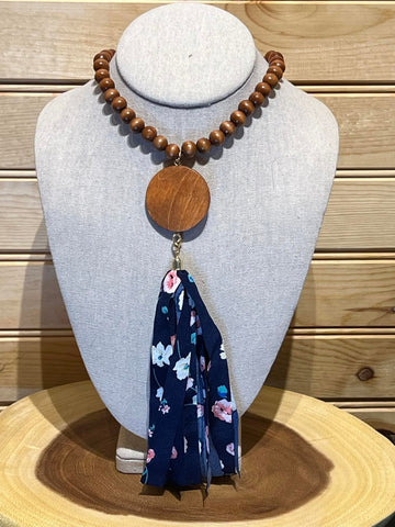 Wood Bead Disc Tassel Necklace with Navy with Paisley - #15