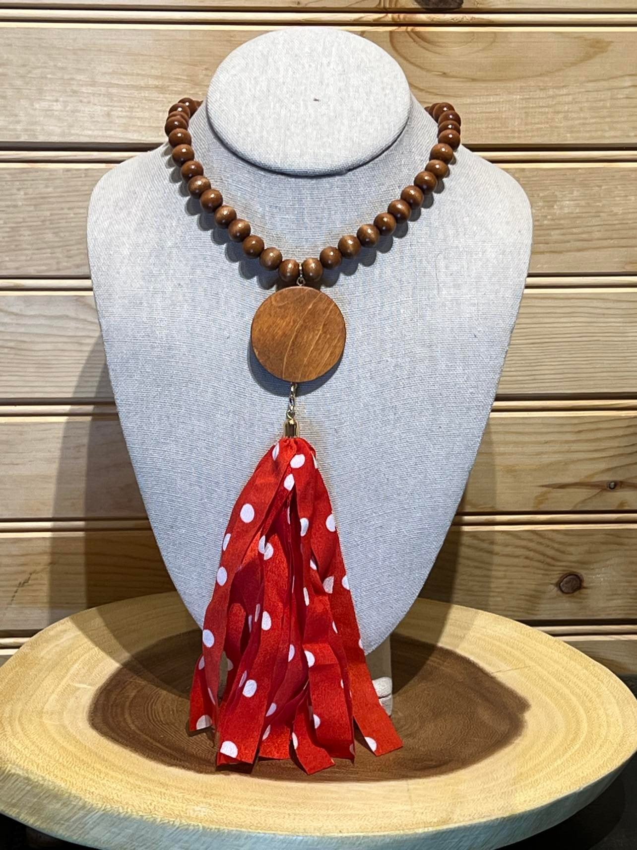 Wood Bead Disc Tassel Necklace with Bright Red Tassel - #14