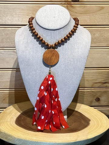 Wood Bead Disc Tassel Necklace with Bright Red Tassel - #14