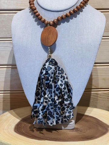 Wood Bead Disc Tassel Necklace with Dark Leopard Tassel - #3