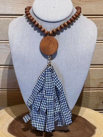 Wood Bead Disc Tassel Necklace with Blue Gingham Tassel - #6