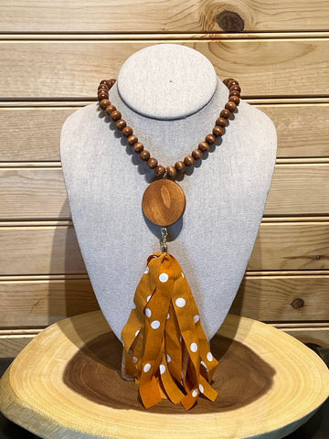 Wood Bead Disc Tassel Necklace with Old Gold (Light Orange) Polka dot Tassel - #2