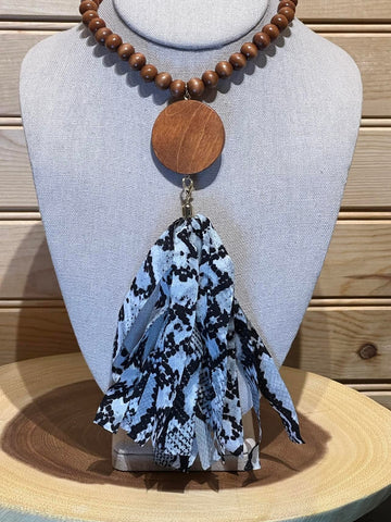 Wood Bead Disc Tassel Necklace with Grey Snake Tassel - #7