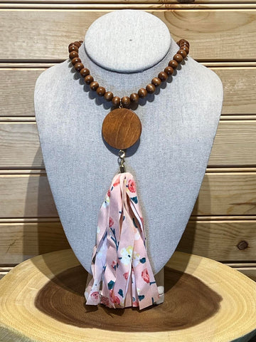 Wood Bead Disc Tassel Necklace with Peach with Paisley - #19